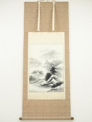 元勝筆　水墨山水　肉筆絹本掛軸（共箱）